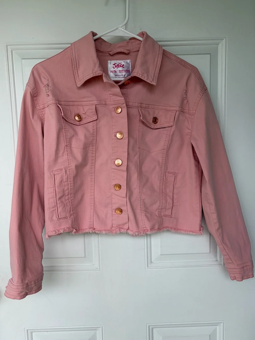 •Justice• Girls Blush Pink Frayed Hem Denim Jacket - Size 14/16